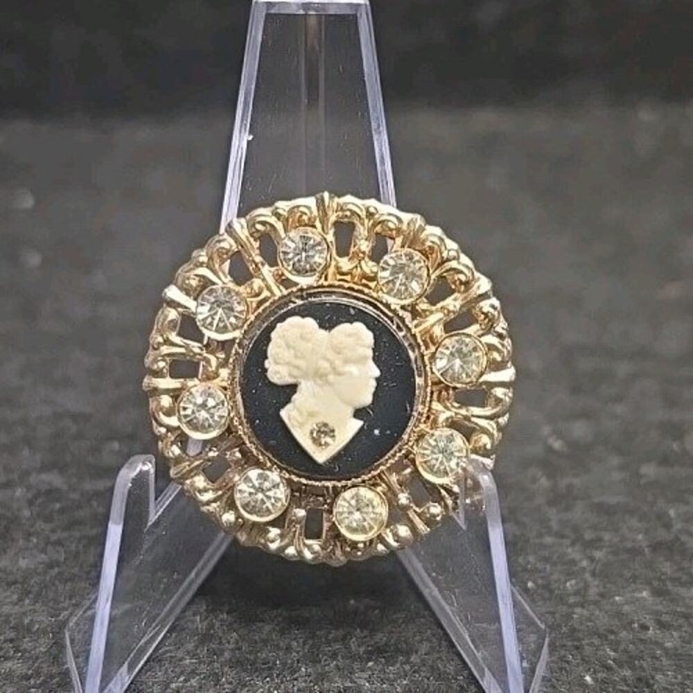 Vintage 1" Gold Tone White Rhinestone Victorian Cameo Portrait Pin Brooch